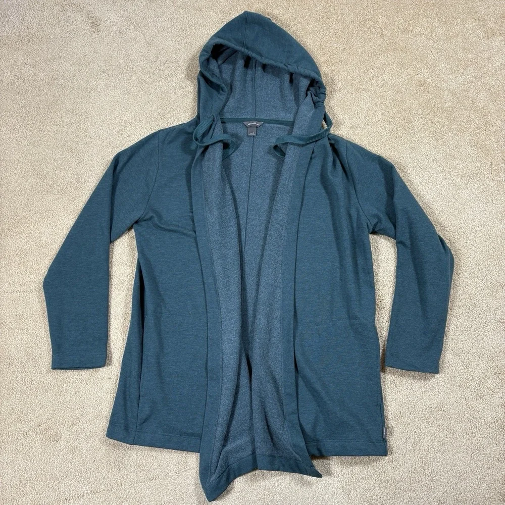 Eddie Bauer Open Front Hoodie Women Large L Green Fleece Lined Hooded Cardigan